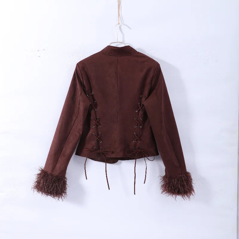 Vintage Women's Feather Patchwork Suede Short Jacket  Stand Collar Long Sleeve Double Breasted Coat 2026 Autumn Lady Jackets